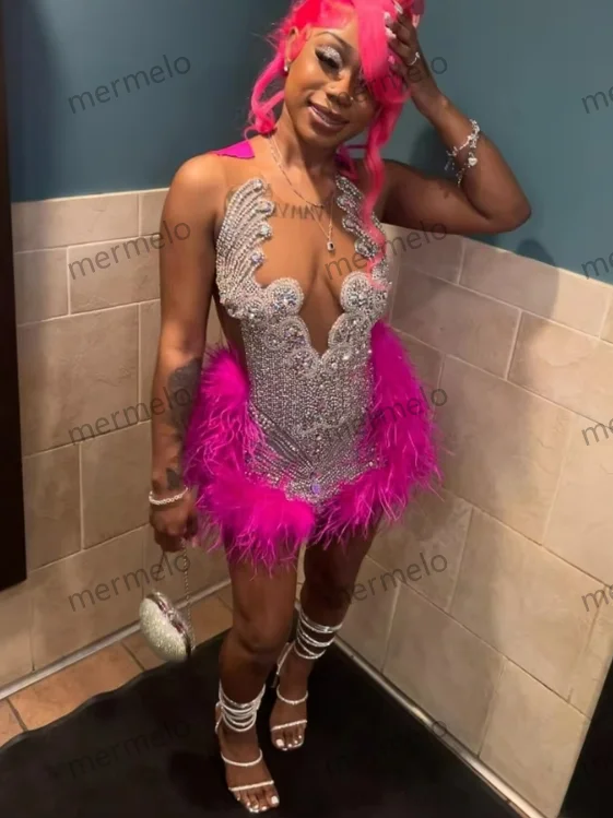 Fuchsia Feather Prom Dress Short Bead Crystal Birthday Luxury Dress O Neck Black Girls Mini Cocktail Homecoming
