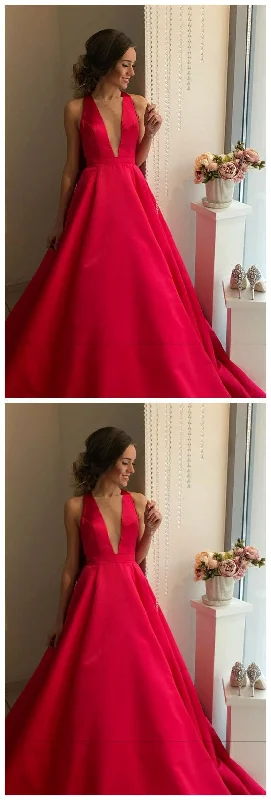 Halter V neck Red Evening Dress, Formal Prom Dresses   cg14181