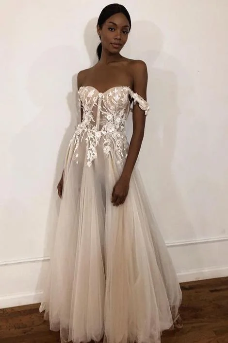 See-Through Off Shoulder Ivory Long Wedding prom Dress with Appliques,   cg14315