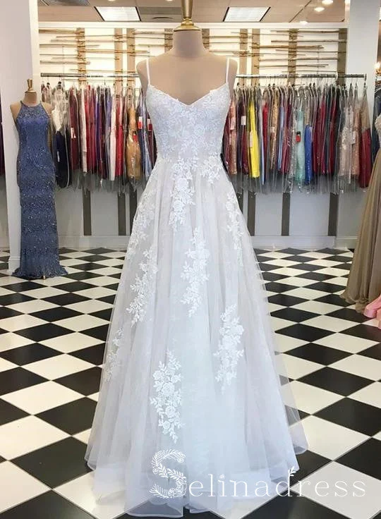 A-line Spaghetti Straps White Long Prom Dresses With Lace Formal Evening Gowns SED133 A-line Spaghetti Straps White Long Prom Dresses With Lace Formal Evening Gowns SED133