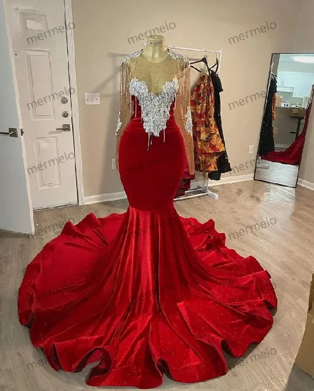 Red Velvet Trumpet African Prom Dress with Long Sleeve Sheer Neck Crystal Applique Tassel Evening Birthday Party Gown Red Velvet Trumpet African Prom Dress with Long Sleeve Sheer Neck Crystal Applique Tassel Evening Birthday Party Gown