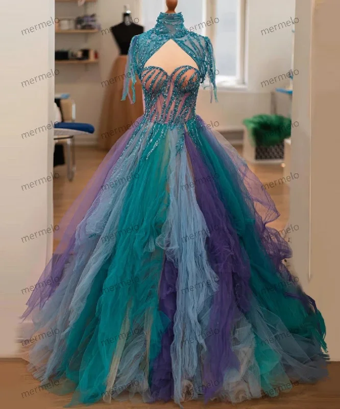 High Neck Green Crystals Beaded Dress Layered Ruffles Evening Dresses With Train Colorful Sequins Prom Gown A-line Woman Gown High Neck Green Crystals Beaded Dress Layered Ruffles Evening Dresses With Train Colorful Sequins Prom Gown A-line Woman Gown