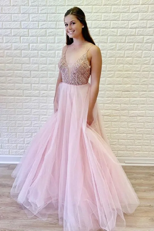 Spaghetti Straps Beading Long Tulle Pink Prom Dress    cg14611