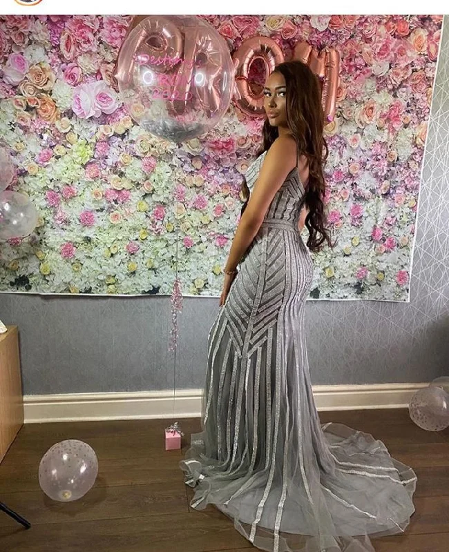 Silver Gray Prom Dresses 2021 Elegant Prom Dress With Beads   cg14633