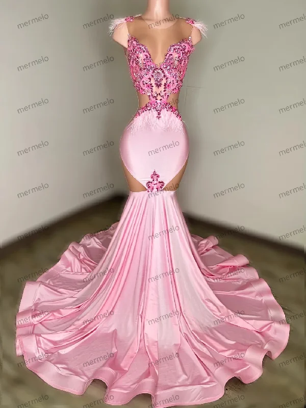 Pink African American Prom Dresses Mermaid Sheer Beaded Feather Black Girls