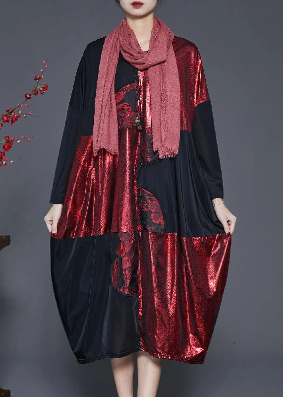 Plus Size Black Oversized Patchwork Silk Holiday Dress Spring