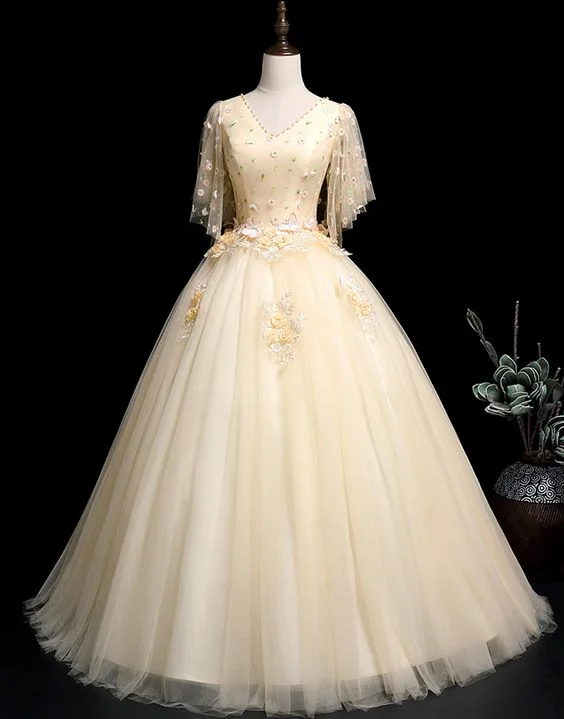 Champagne embroidery lace short sleeve long a line evening prom dress   cg14260