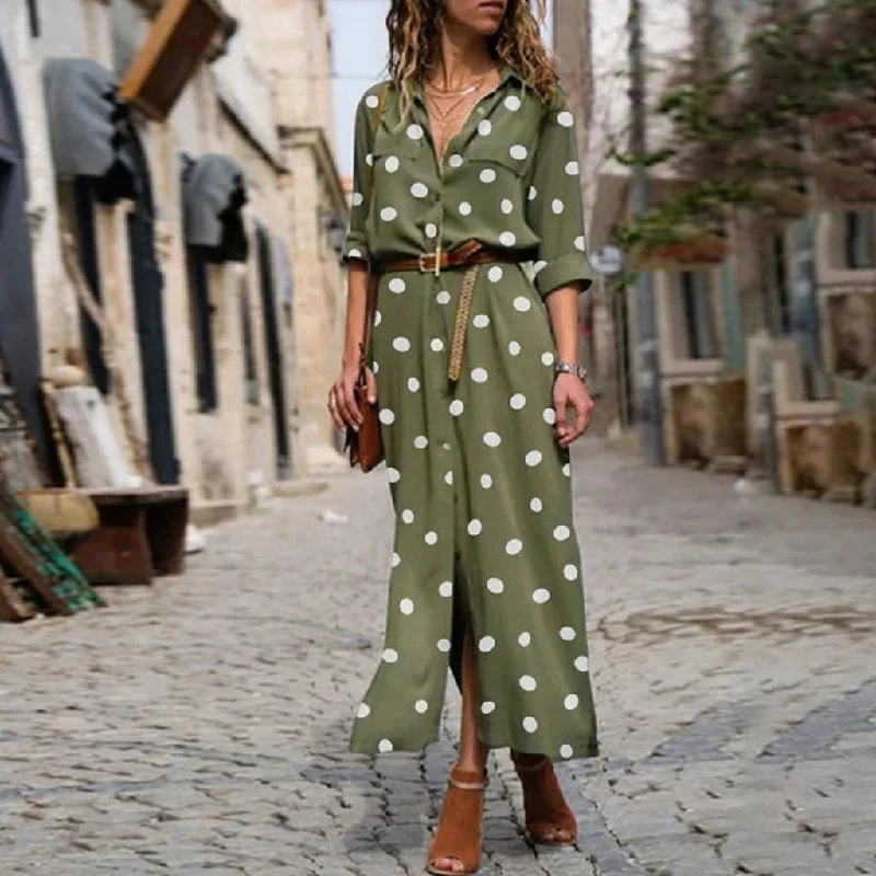 Women Summer Dot Print Long Sleeve Button Long Dress Party Beach Dress Vintage Polka-Dot Women'S Dresses Sukienki Damskie#40 Women Summer Dot Print Long Sleeve Button Long Dress Party Beach Dress Vintage Polka-Dot Women'S Dresses Sukienki Damskie#40