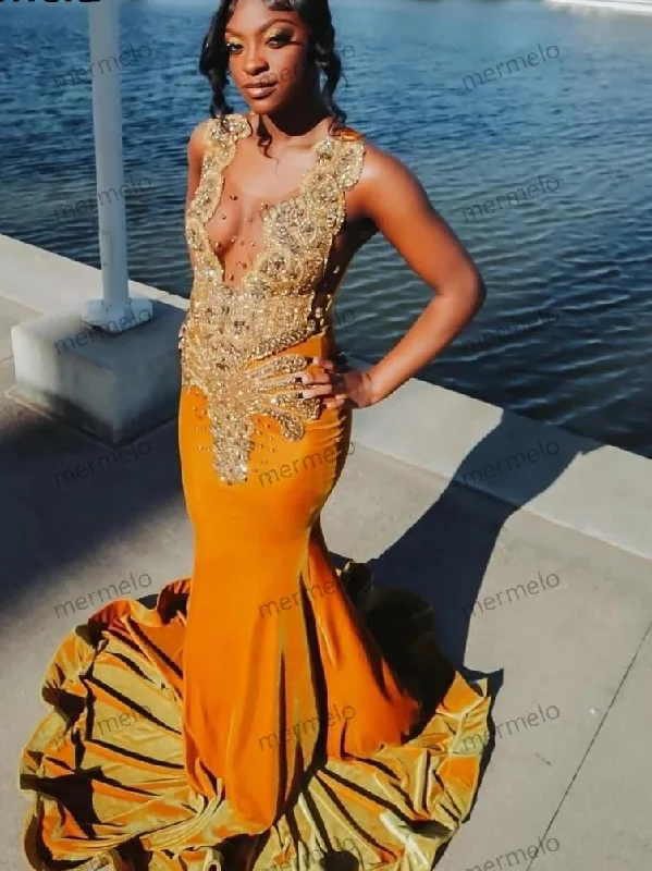 Customized Orange Velvet Diamonds Prom Dress For Black Girls Gold Crystal Rhinestone Beaded Party Gala Gowns