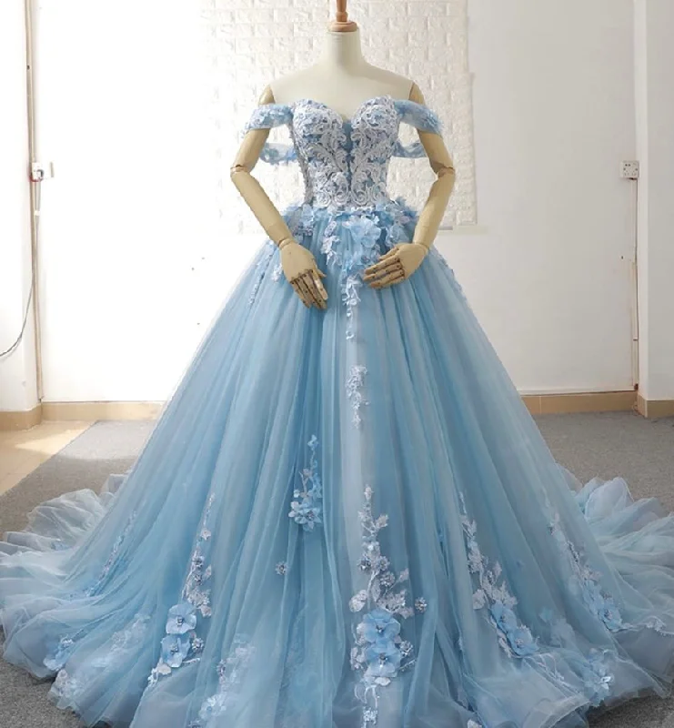 BLUE TULLE LACE LONG BALL GOWN DRESS FORMAL DRESS PROM DRESS    cg14338