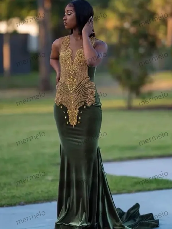 Crystal Diamond Prom Dresses Velvet Mermaid Formal Luxury Evening Gowns Girl Birthday Party Graduation