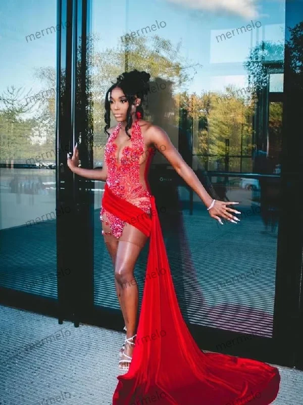Red Velour Luxury Dresses Women Prom Dresses Beads Crystal For Black Girls Birthday Gown Mini Cocktail Dress Side Train Red Velour Luxury Dresses Women Prom Dresses Beads Crystal For Black Girls Birthday Gown Mini Cocktail Dress Side Train