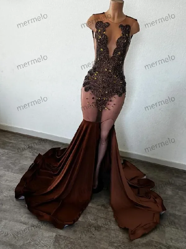 Brown Chocolate Long Trumpet Evening Birthday Gala Dresses for Black Girl Luxury Diamond Crystal Slit Prom Reception Gown Brown Chocolate Long Trumpet Evening Birthday Gala Dresses for Black Girl Luxury Diamond Crystal Slit Prom Reception Gown