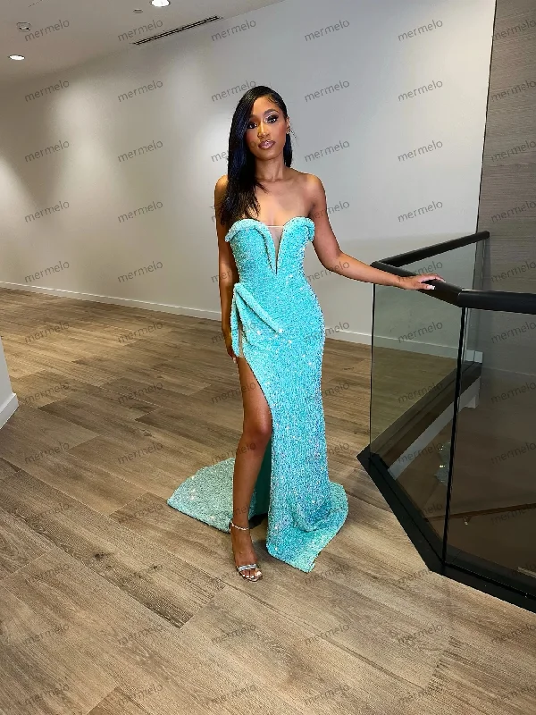 Sparkle South African Prom Dresses Sheath Sweetheart Sequins Slit Black Girls