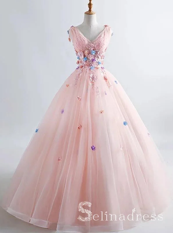 Blush Pink Princess Ball Gown 3D Floral Prom Dresses V-neck Boho Quinceanera Dress SED084 Blush Pink Princess Ball Gown 3D Floral Prom Dresses V-neck Boho Quinceanera Dress SED084