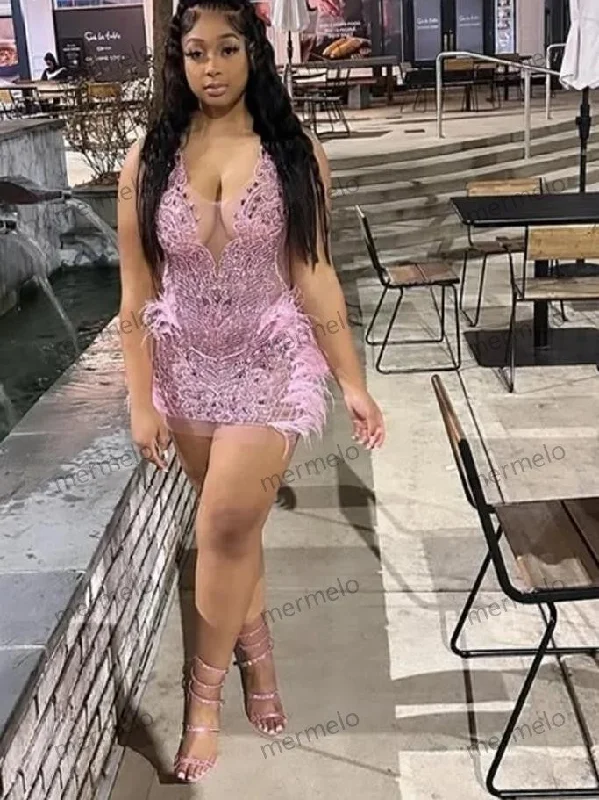 Pink Baddie Prom Dress With Feather Mini Short See Through Cokctail Dress Black Girls Holiday Evening Party Pink Baddie Prom Dress With Feather Mini Short See Through Cokctail Dress Black Girls Holiday Evening Party