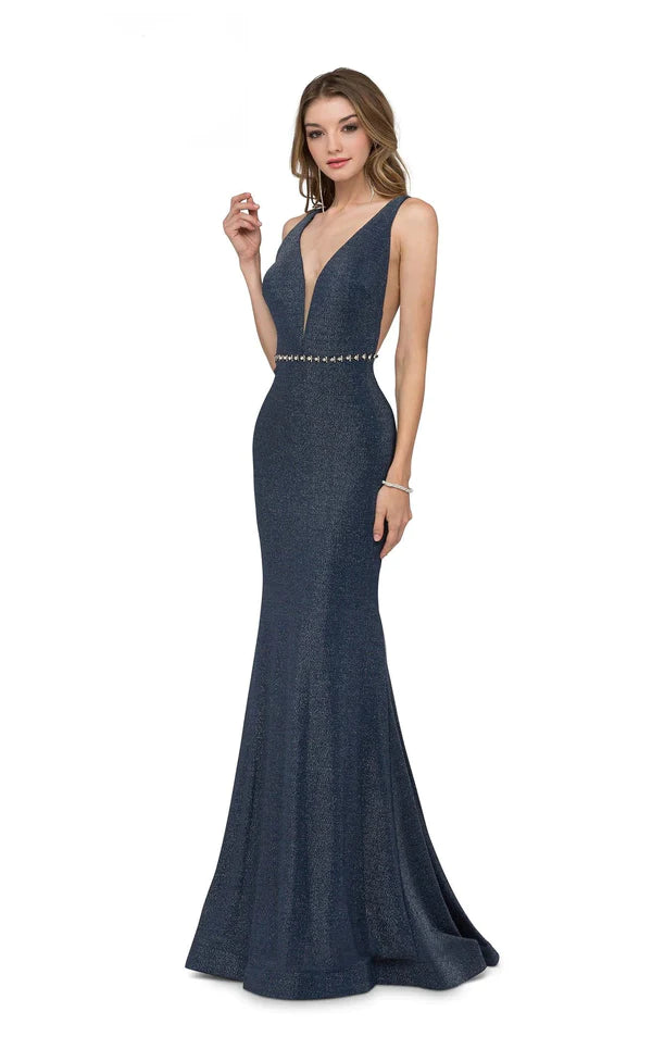 Cecilia Couture 1418 Navy Deep V-Neck Jersey Fitted w/ Beaded Belt - Size 4 Minimalist Jersey Tee