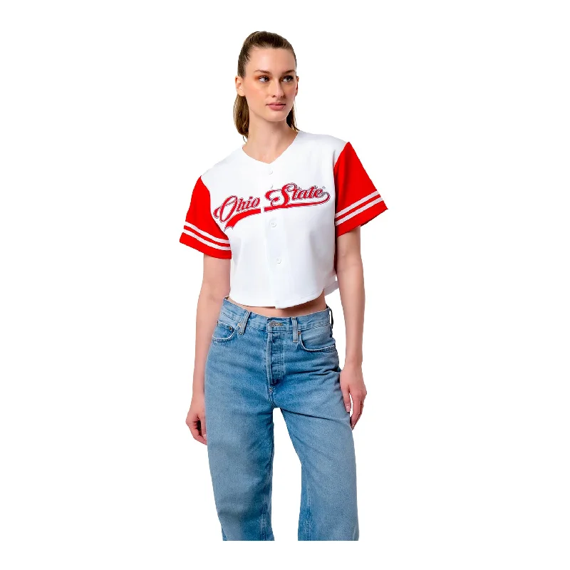 Ladies Ohio State Buckeyes Baseball Script White Cropped Jersey Ruby Red Jersey Shirt Ladies Ohio State Buckeyes Baseball Script White Cropped Jersey Ruby Red Jersey Shirt