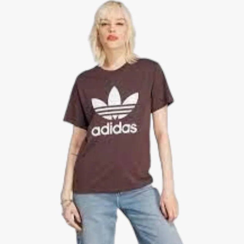 Adidas Womens Trefoil Short Sleeve Tee Brown Rayon Velvet Corduroy