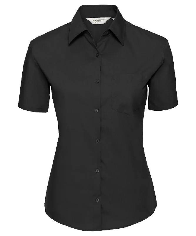 Black - Women's short sleeve pure cotton easycare poplin shirt Collared T-Shirt Boat Neck A-Line