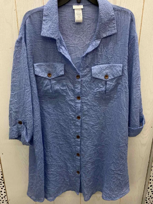 Blue Womens Size 1X Shirt Houndstooth Herringbone Solid