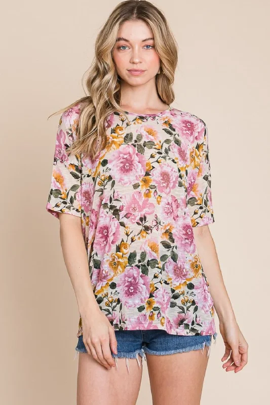 BOMBOM Floral Round Neck T-Shirt Oversized T-Shirt Spandex breathable