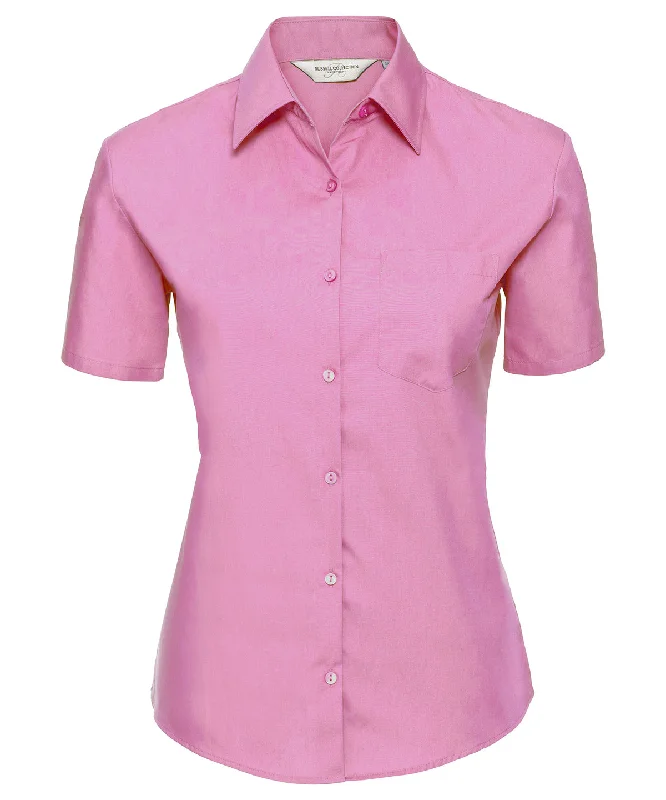 Bright Pink - Women's short sleeve pure cotton easycare poplin shirt Houndstooth Herringbone Solid