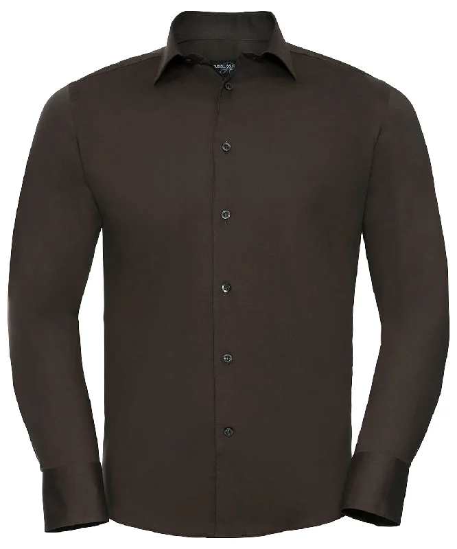 Chocolate - Long sleeve easycare fitted shirt Satin Blend Silk Blend Wool Blend