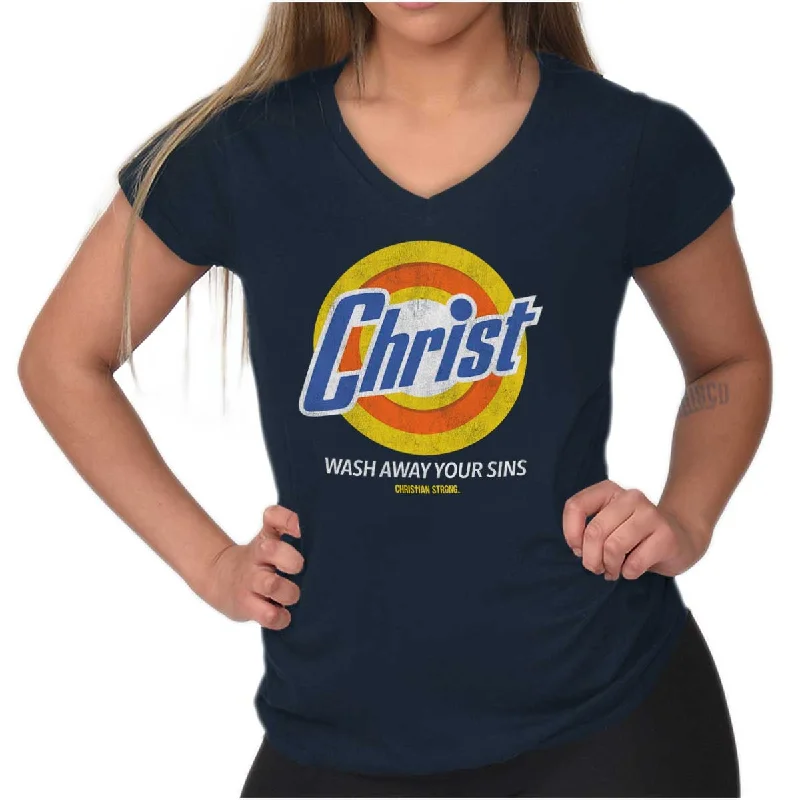 Christ Detergent Junior Fit V-Neck T Shirt Solid Print Embellished