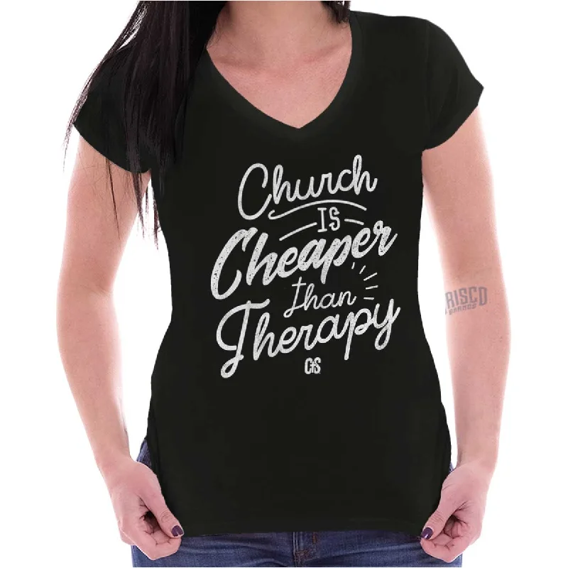 Church Therapy Junior Fit V-Neck T Shirt Satin Fabric Silk Fabric Chiffon Fabric