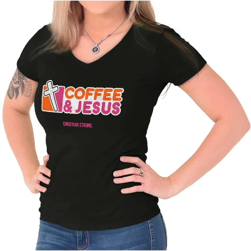 Coffee And Jesus Donuts Junior Fit V-Neck T Shirt Anti-Shrink Durable Soft