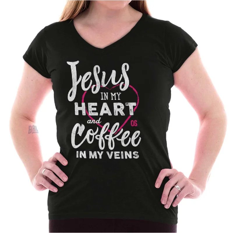 Coffee Veins Junior Fit V-Neck T Shirt Oversized T-Shirt Spandex breathable