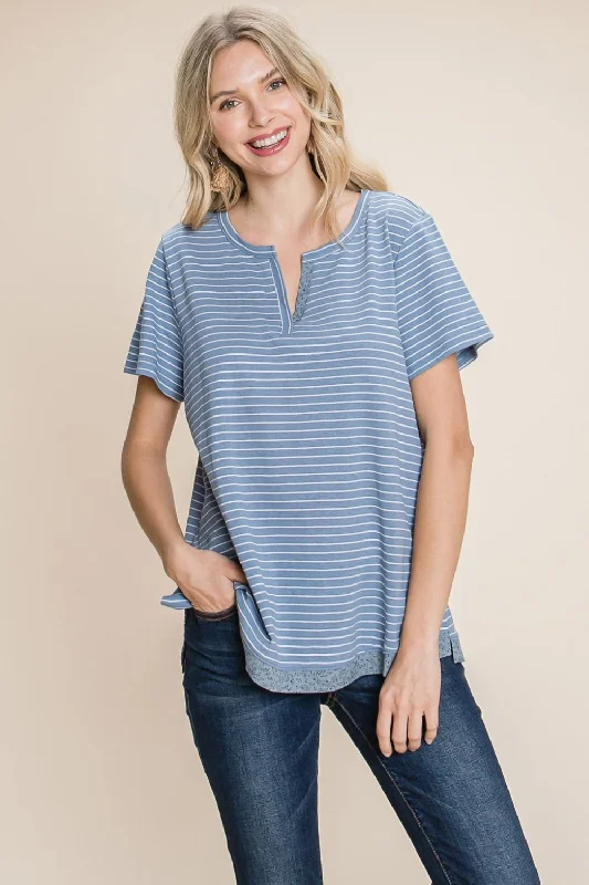 Cotton Bleu by Nu Lab Slit Striped Notched Short Sleeve T-Shirt Zippered Buttoned Snapped