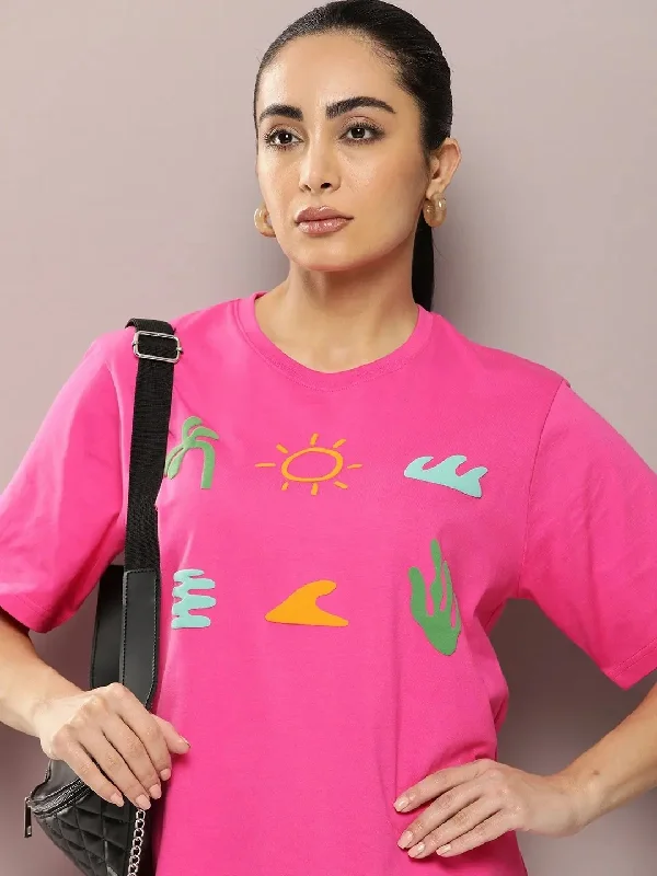 Dillinger Fuchsia Graphic Oversized T-Shirt-WMNCR387FSR-XS Print Jacquard Patchwork