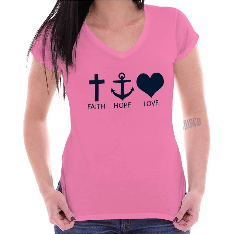 Faith Anchor Love Junior Fit V-Neck T Shirt Print Jacquard Patchwork