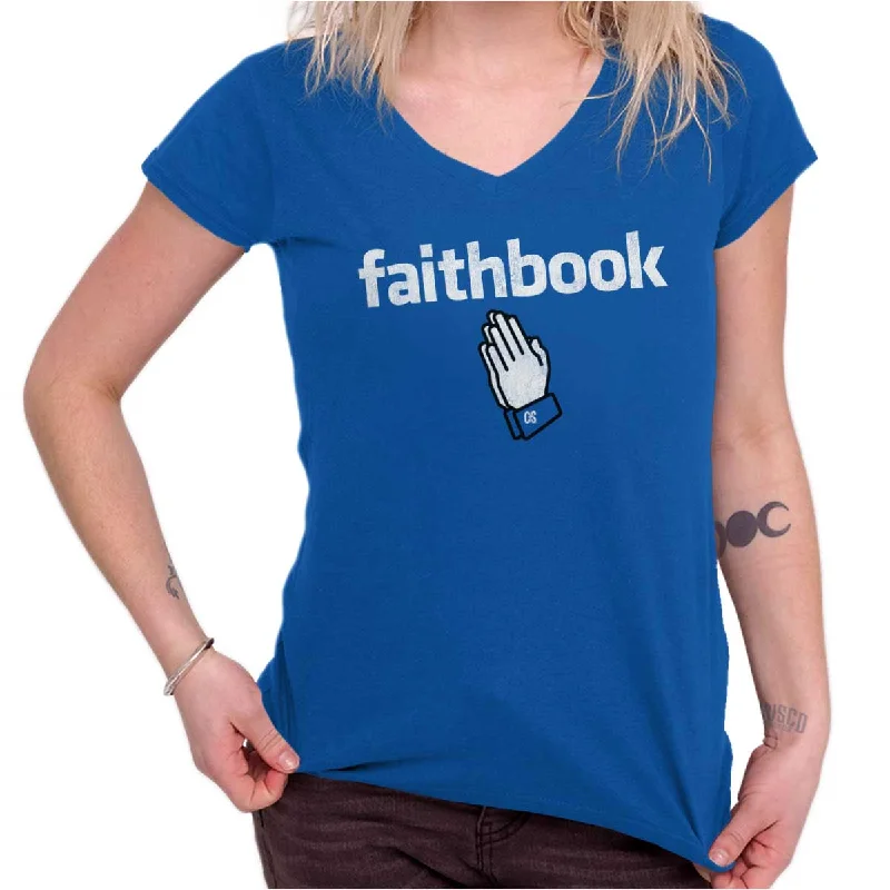 Faithbook Christian Junior Fit V-Neck T Shirt Asymmetrical Pockets Print