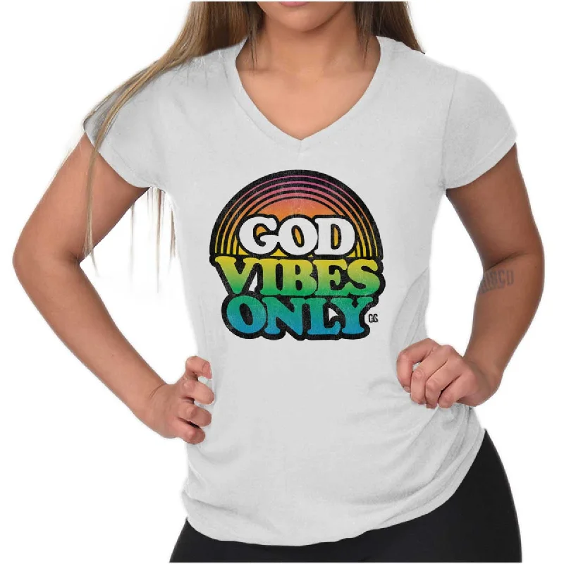 God Vibes Only Retro Junior Fit V-Neck T Shirt Collared Crew Neck Turtle Neck