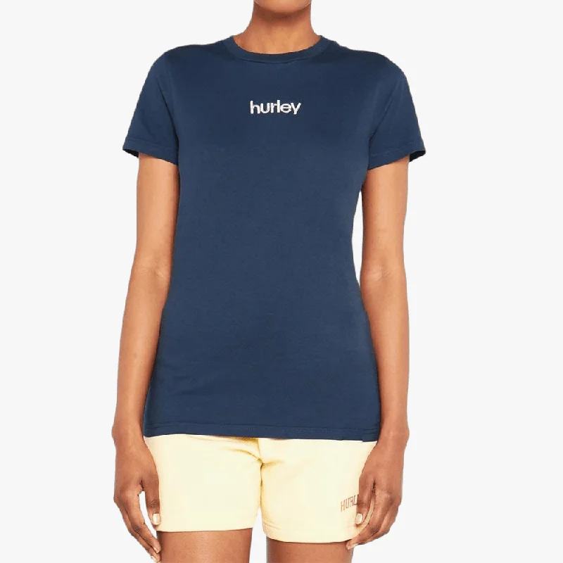 Hurley Womens Staple Embroidered Short Sleeve Tee True Navy Fitted T-Shirt Seamless Stretchy