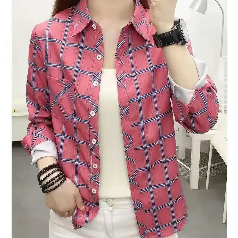 New College Style Women's Long sleeved Top Plaid Shirt Layered Multi-layer Single Layer