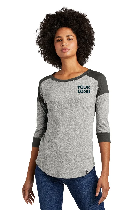 New Era Ladies Heritage Blend 3/4-Sleeve Baseball Printed Tee's, Graphite/ Light Graphite Twist Collared Crew Neck Turtle Neck