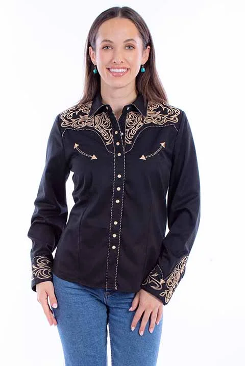 Scully Leathers Women's Embroidered Black Shirt Welt Pockets Slit Pockets Flap Pockets