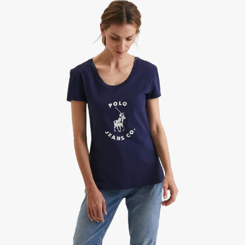 Polo Ladies Distressed Print Short Sleeve Tee Navy Elegant Classic Vintage