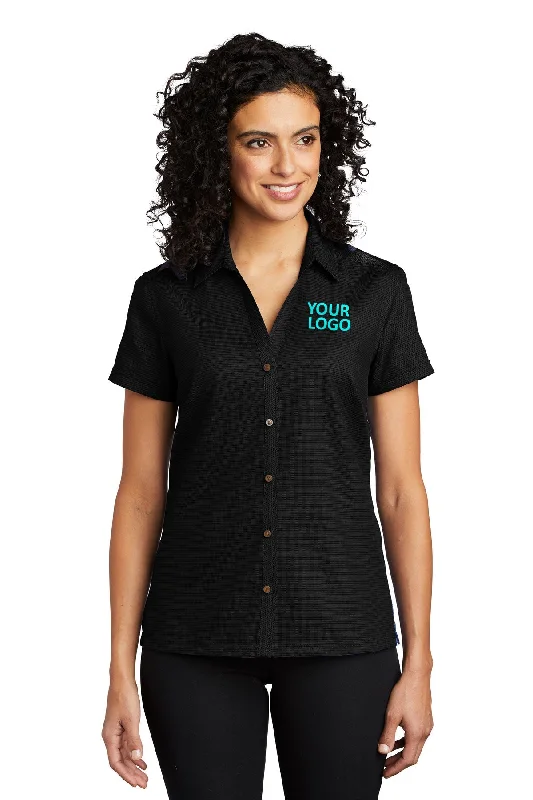 Port Authority Ladies Textured Customized Camp Shirts, Black Chenille Fabric Brocade Fabric Lace Fabric