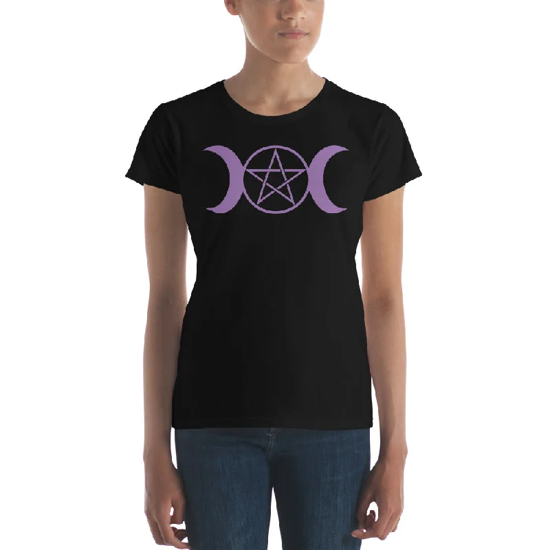 Purple Triple Moon Goddess Wiccan Pagan Symbol Women's Short Sleeve Babydoll T-shirt Asymmetrical Pockets Print