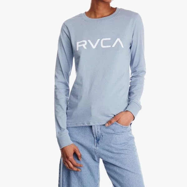 Rvca Ladies Big Rvca Roll It Long Sleeve Tee Dusty Blue Mesh Blend Leather Blend Suede Blend