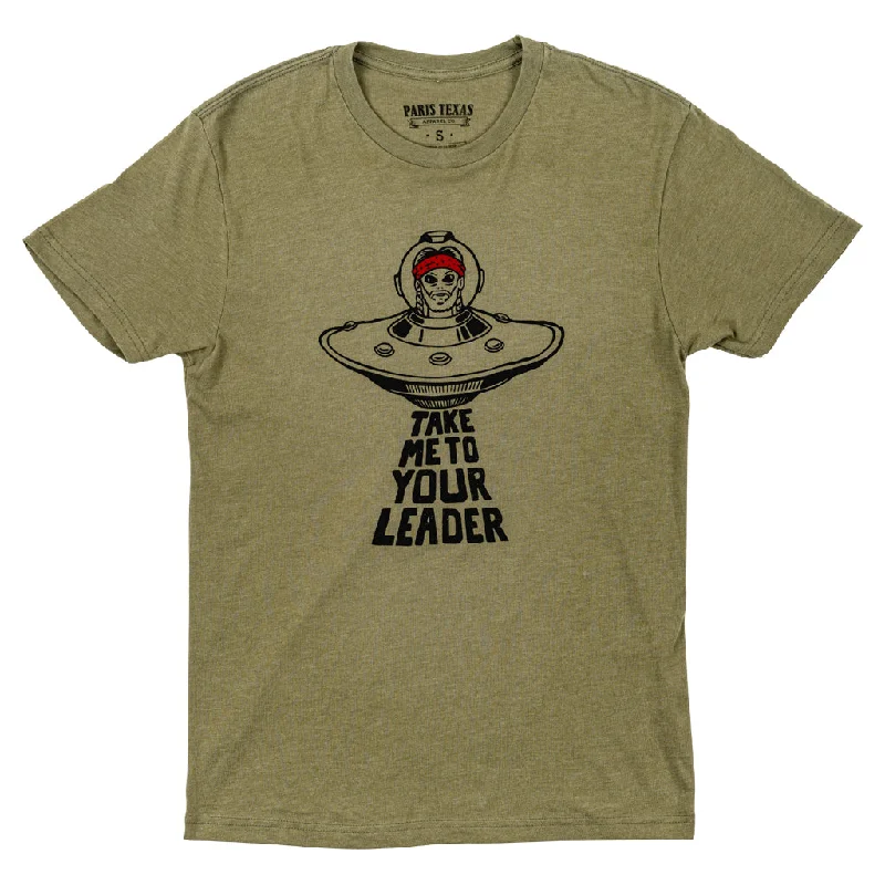 Take Me To Your Leader T-Shirt - Light Olive Embroidered Appliqued Beaded