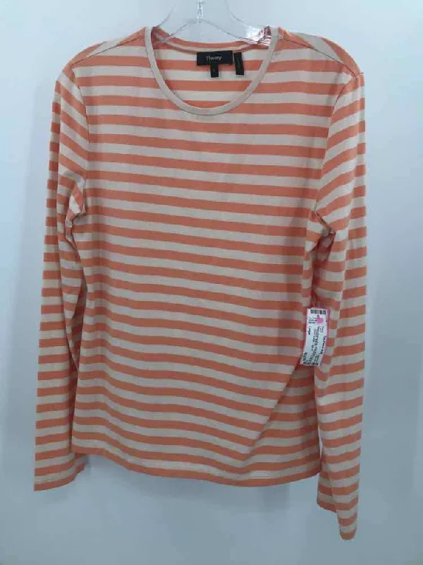 Pre-Owned Theory Orange Size Large Stripe T-shirt Embroidered Appliqued Beaded