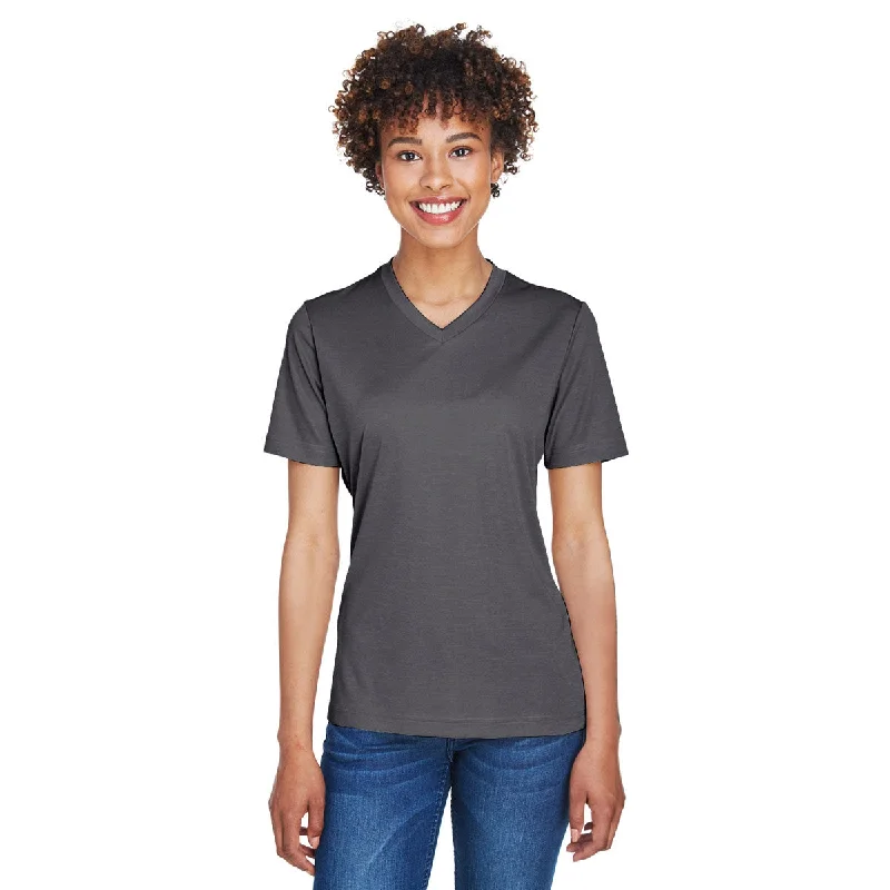 Team 365 Women's Dark Grey Heather Zone Sonic Heather Performance T-Shirt Welt Pockets Slit Pockets Flap Pockets