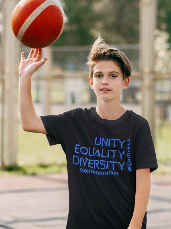 "UNITY EQUALITY DIVERSITY" Organic Cotton Unisex Youth T-Shirt Mesh Blend Leather Blend Suede Blend "UNITY EQUALITY DIVERSITY" Organic Cotton Unisex Youth T-Shirt Mesh Blend Leather Blend Suede Blend