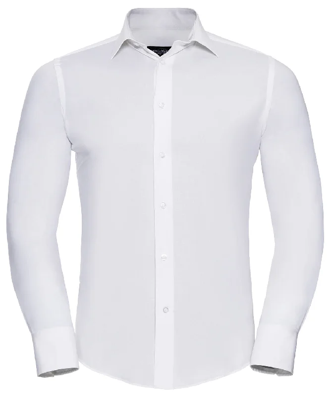 White - Long sleeve easycare fitted shirt V-Neck T-Shirt Long Sleeve Cotton